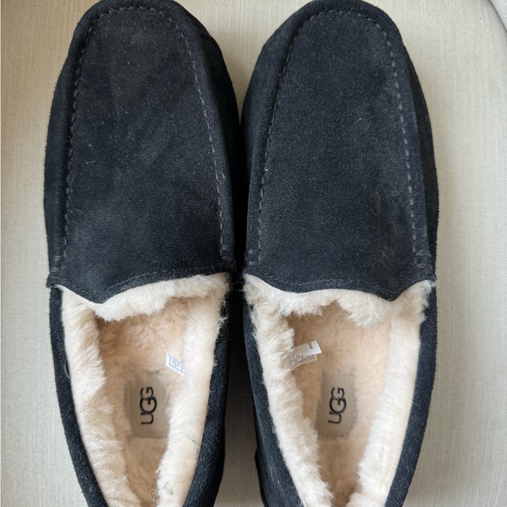 UGG Men’s Black Suede Slip-On Loafers with Cream Shearling